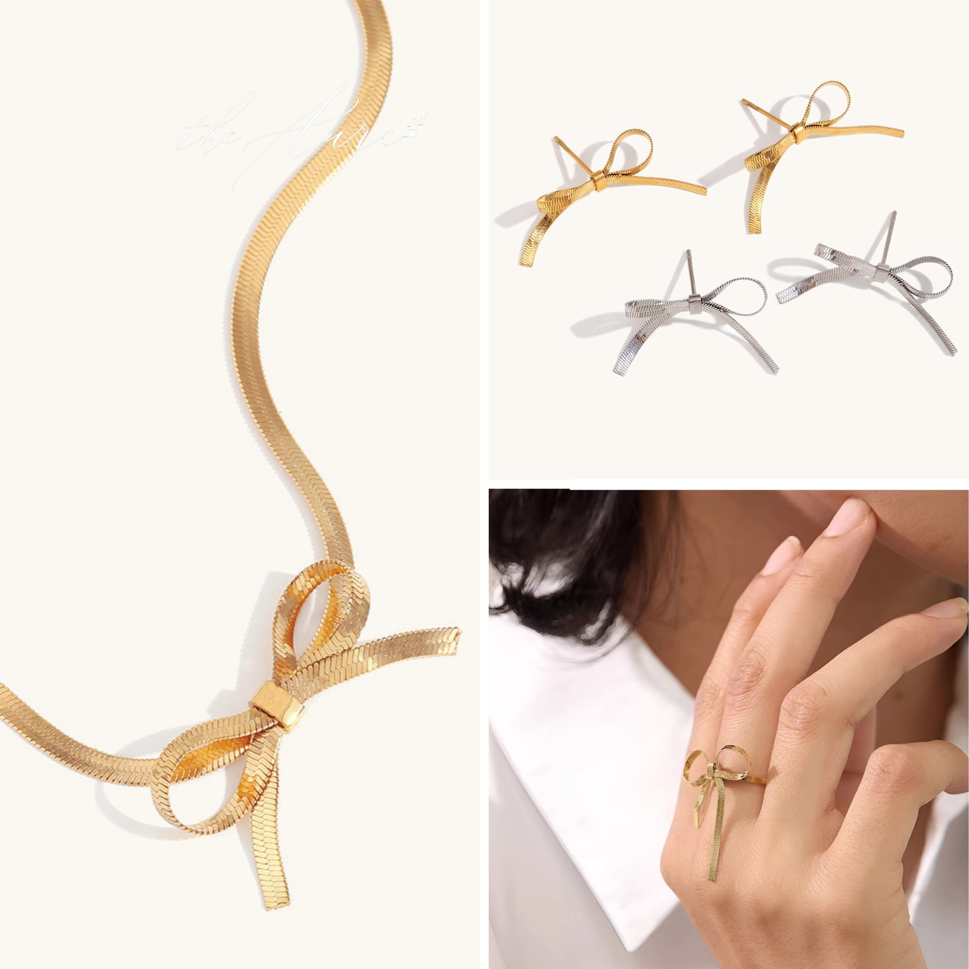 18K Gold Plated Stainless Steel Hypoallergenic Waterproof Tarnish Free Waterproof Sweatproof No-Fade Bow Knot Trio Set The Aura