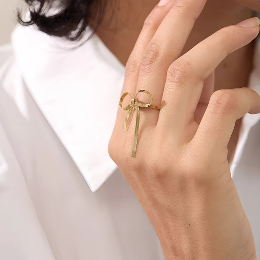 18K Gold Plated Stainless Steel Hypoallergenic Waterproof Tarnish Free Waterproof Sweatproof No-Fade Bow Loop Adjustable Ring The Aura