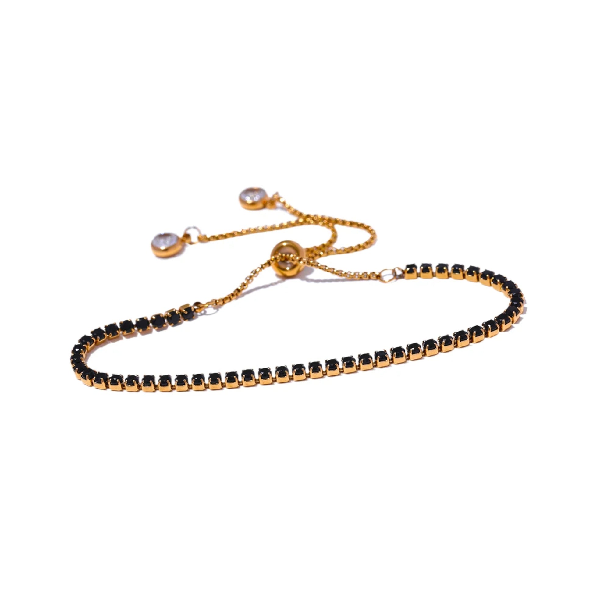 18K Gold Plated Stainless Steel Hypoallergenic Waterproof Tarnish Free Waterproof Sweatproof No-Fade Diamantés Noir Adjustable Bracelet The Aura