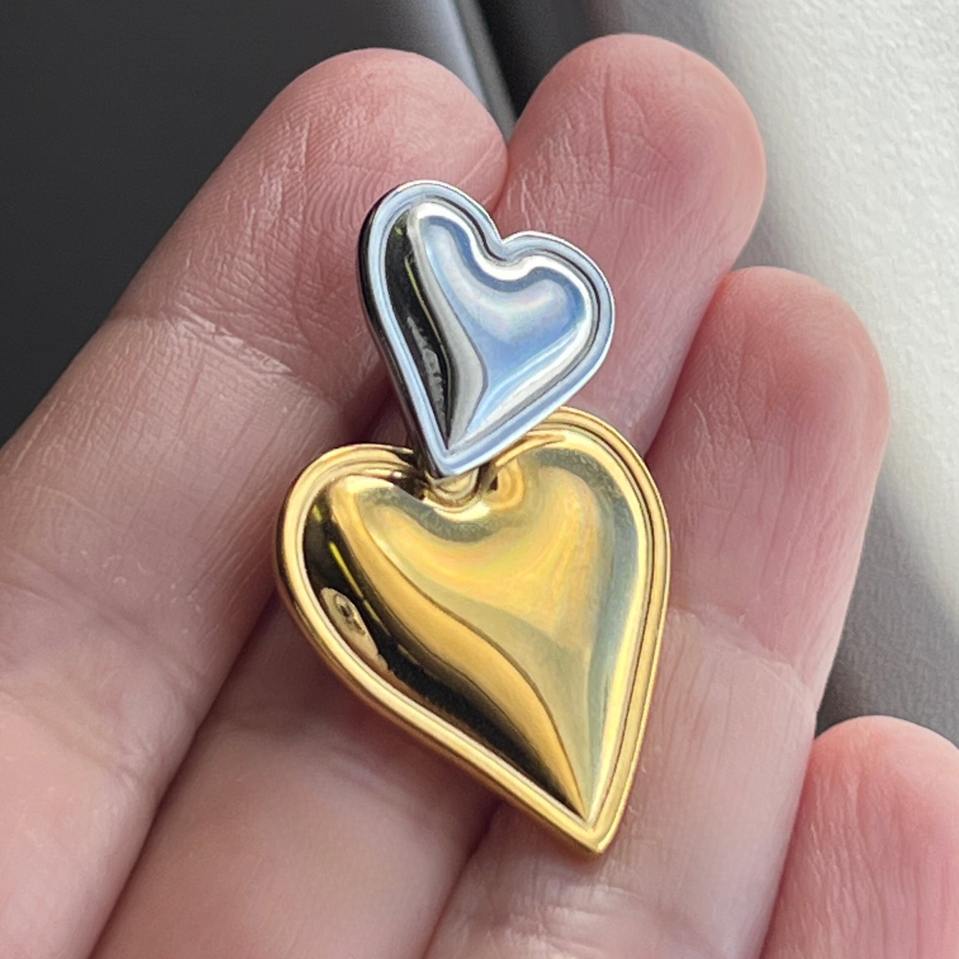 Gold Plated Stainless Steel Hypoallergenic Waterproof Tarnish Free Duo Heart Stud Earrings  The Aura