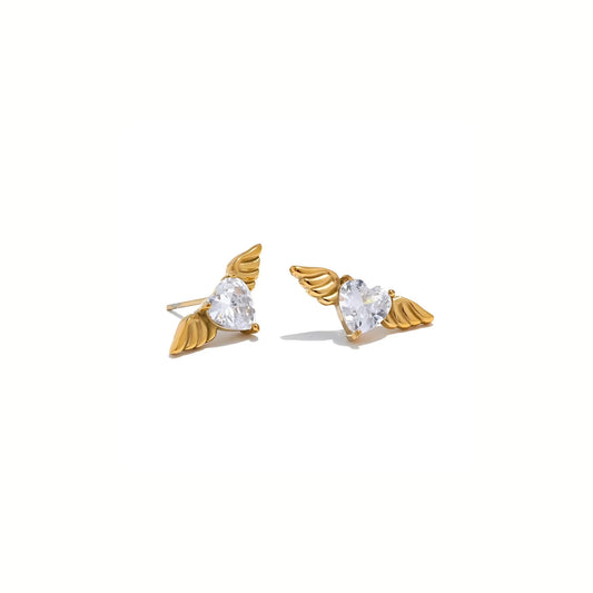 18K Gold Plated Stainless Steel Hypoallergenic Waterproof Tarnish Free Waterproof Sweatproof No-Fade Flying Hearts Stud Earrings The Aura