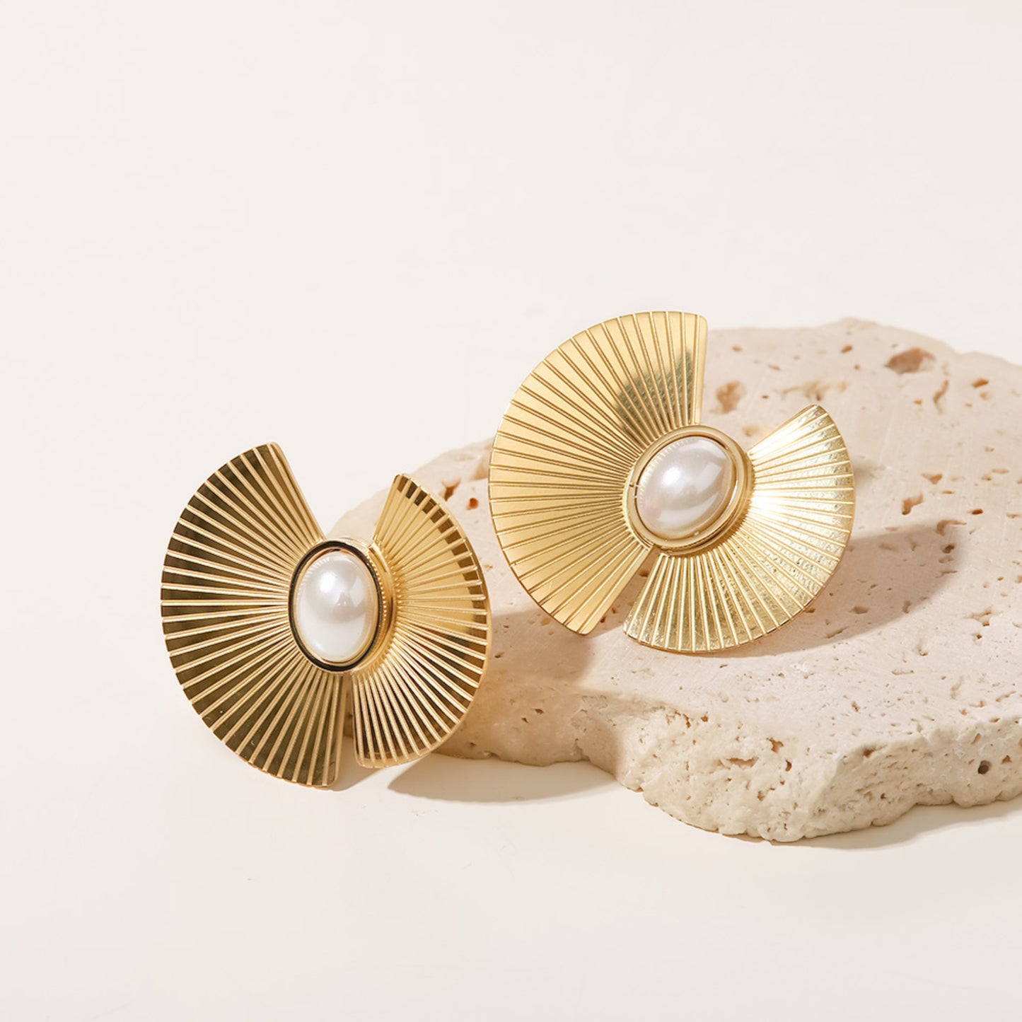 waterproof non-tarnish skin friendly hypoallergenic 18K gold plated stainless steel Pearl Fan Stud Earrings The Aura 