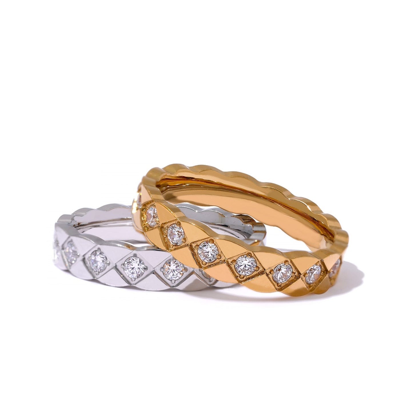 Gold Plated Stainless Steel Hypoallergenic Waterproof Tarnish Free Quilted Diamantés Rings The Aura