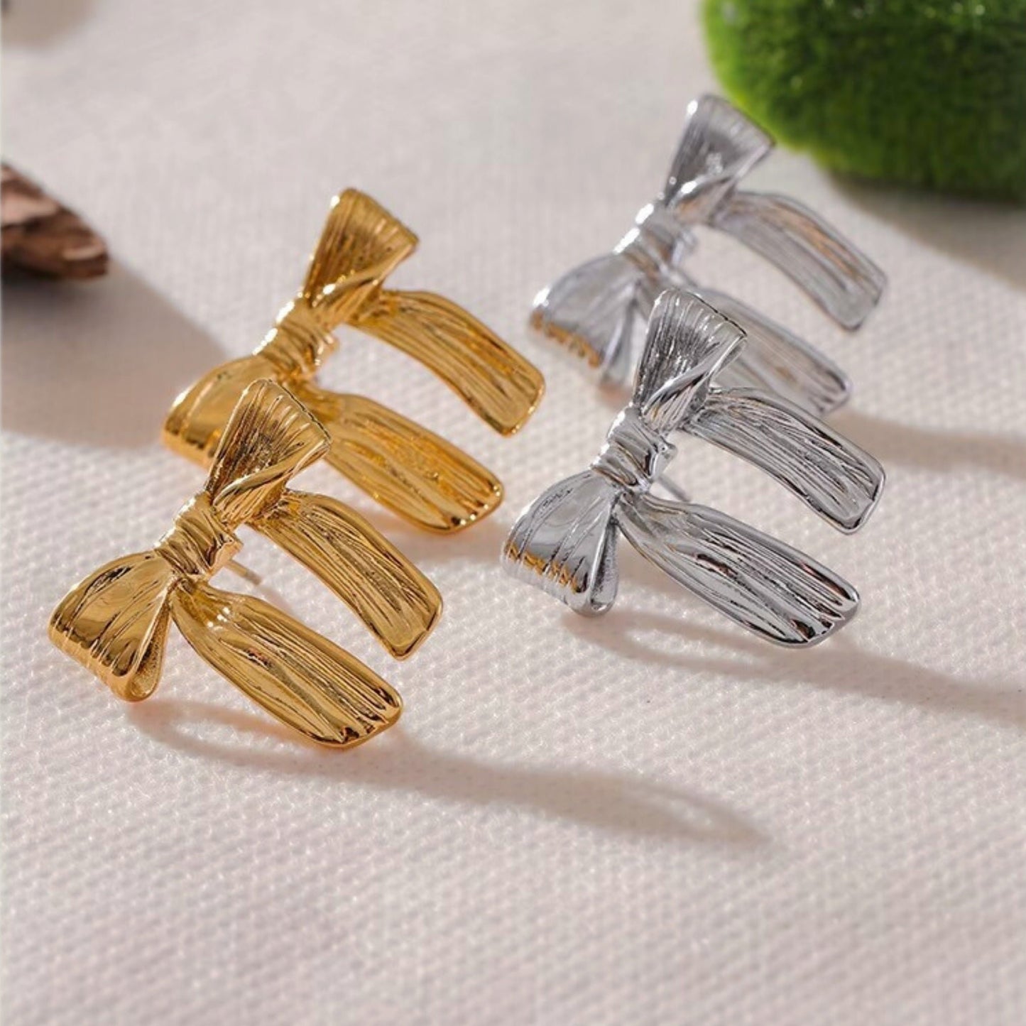 18K Gold Plated Stainless Steel Hypoallergenic Waterproof Tarnish Free Waterproof Sweatproof No-Fade Tied Ribbon Stud Earrings The Aura