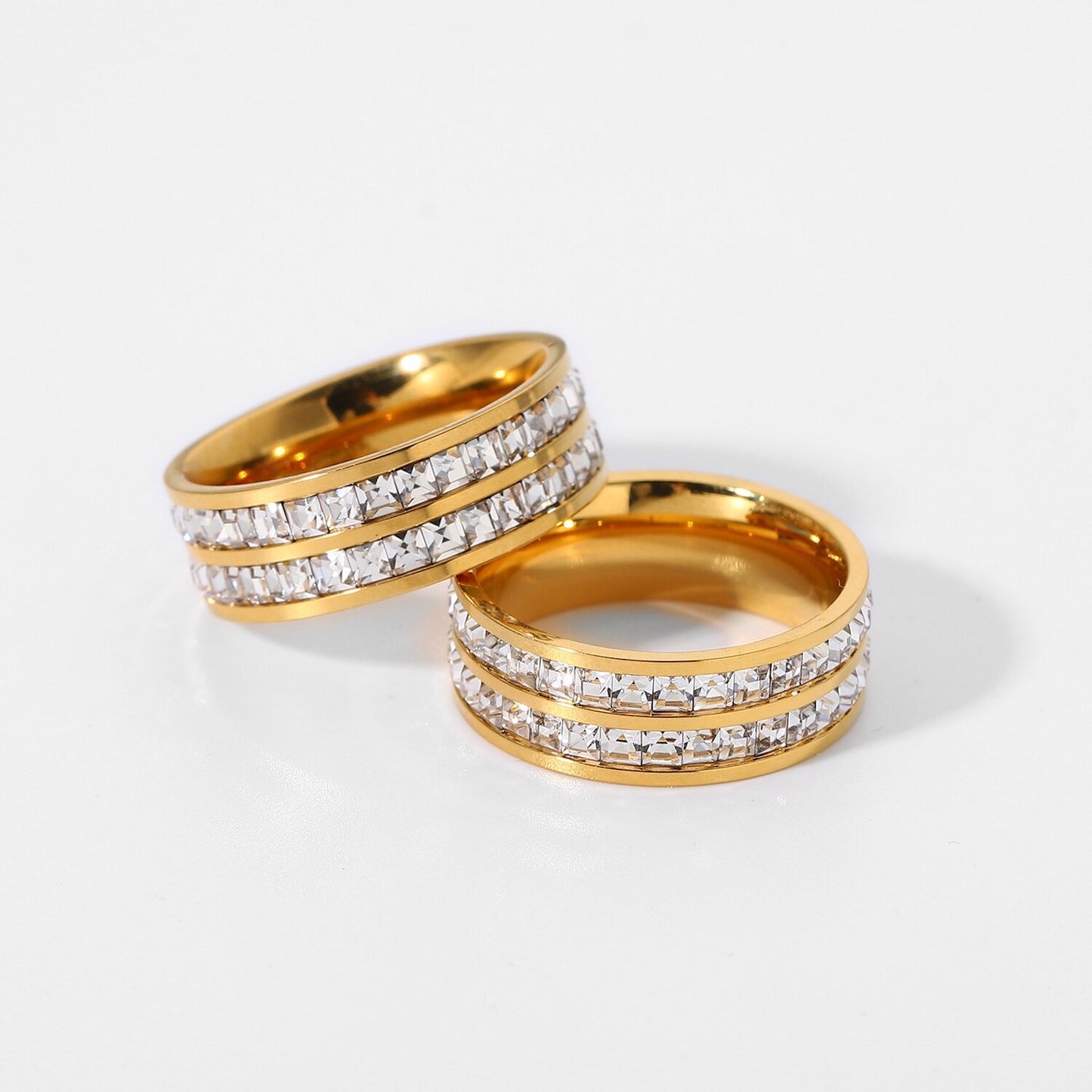 18K Gold Plated Stainless Steel Tarnish Free Diamentes Double Band Rings The Aura