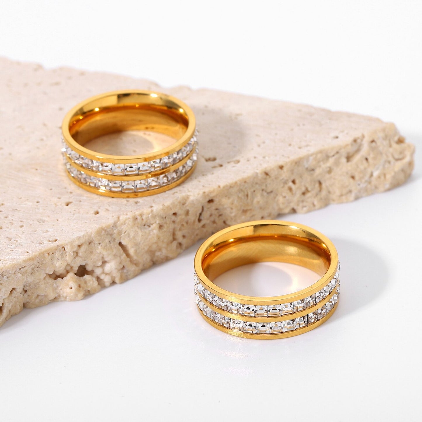 18K Gold Plated Stainless Steel Tarnish Free Diamentes Double Band Rings The Aura