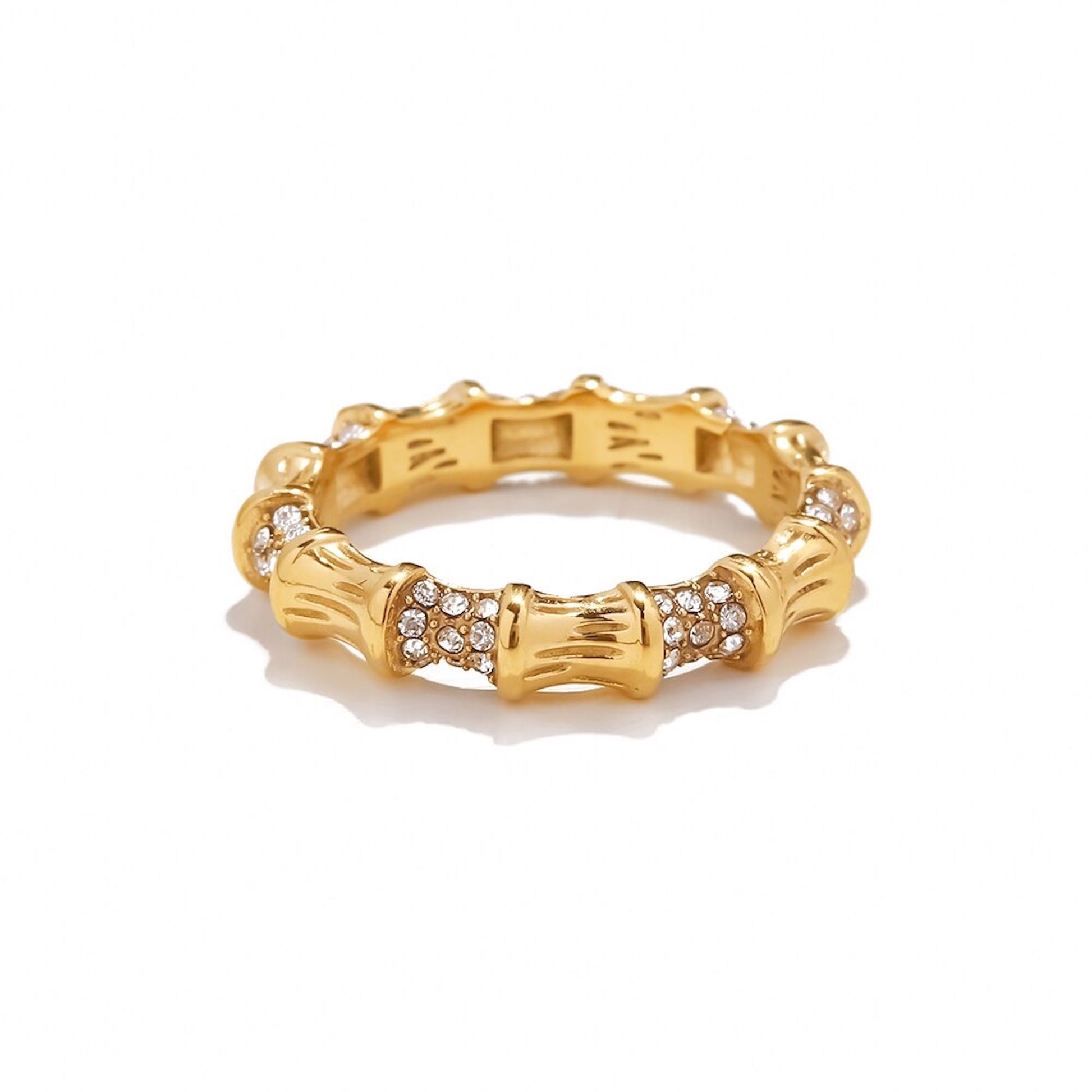 18K Gold Plated Stainless Steel Hypoallergenic Waterproof Tarnish Free Pave Bamboo Rings The Aura